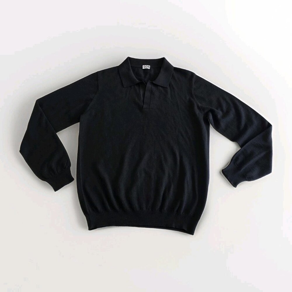 Son of a Tailor Merino Wool Polo Sweater Men M / L Black LS Grunge Minimalist